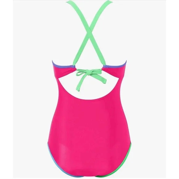 NEW POPVIL Womens One Piece Swimsuit Hot Pink Neon Ruched V-Neck Size Medium - Picture 2 of 7